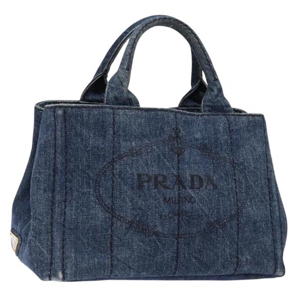 PRADA Canapa PM Hand Bag Denim Blue Gold - Picture 1 of 13